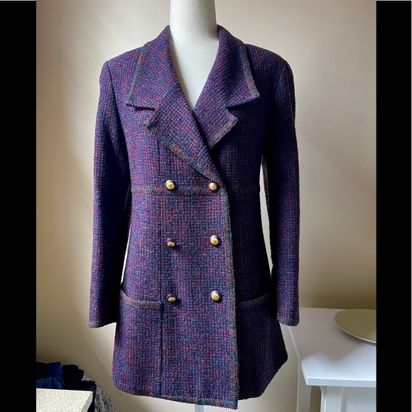 Vintage 1993 93A super rare Chanel purple multi jacket coat dress gold buttons